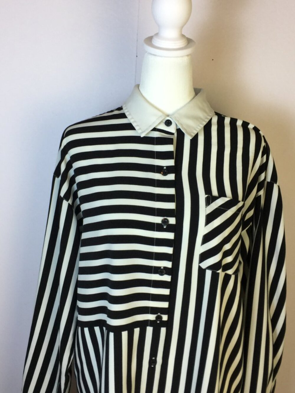 Karl Lagerfeld Tunic Shirt Sz M Woman Navy White Striped Button Down Long Sleeve - Picture 4 of 16